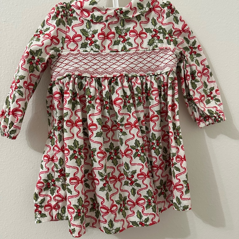 Bonnie Baby White Dress with Red Ribbon & Green Holly Print